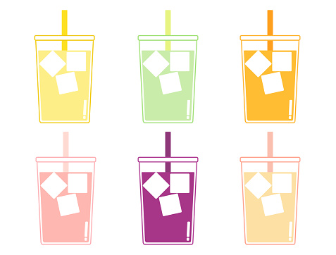 A set of illustrations depicting juice poured into a cup.