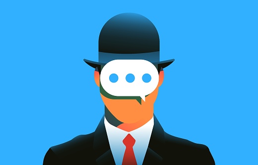 Man in bowler hat with a chatbot text bubble in fronf of his face. Ai assistance, using chatbots in daily life concept. Vector illustration.