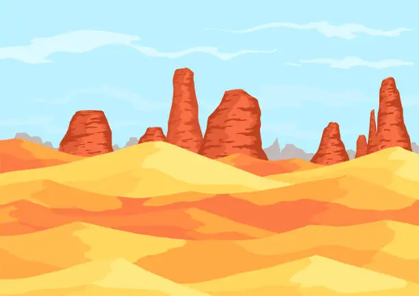 Vector illustration of Desert with mountains. Panoramic and outside view on wild nature. Landscape and journey, travel and africa, tourism theme