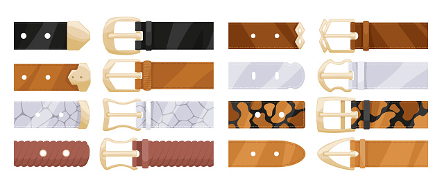Leather belts with buckles buttoned and unbuttoned variants isolated on white background.