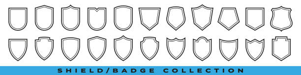 ilustrações de stock, clip art, desenhos animados e ícones de shield icons collection. protective shield set. security shield set with contours and linear signs. elements of safety and protection. - escudo-armamento