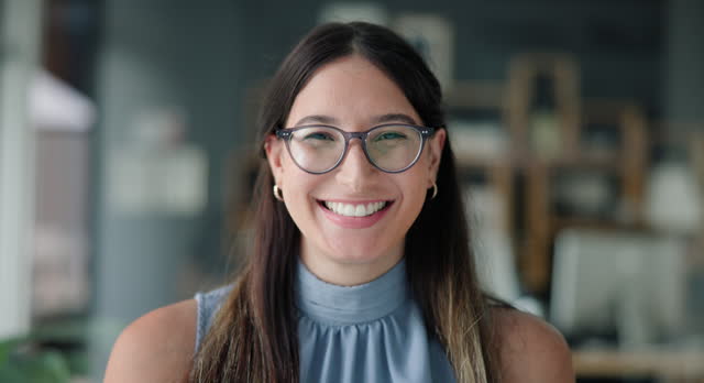 Woman, happy and portrait with glasses at work for confidence, professional and entrepreneur. Female employee, face and smile with eyewear for startup, opportunity or administration in office