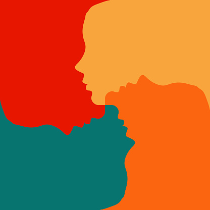 Outline silhouette of woman heads with different colours. Duplicity if character and behaviour dualism