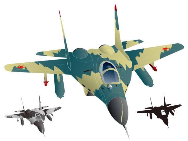 istock Image illustration of a modern jet fighter camouflaged in brown and ocher flying from the front (with monochrome silhouette and grayscale color version) 2006452729