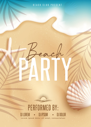 Summer beach party vector poster design. Beach party text invitation card in sea sand and seashore with seashells elements decoration for summer party template. Vector illustration summer invitation background.