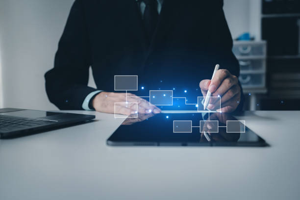 istock Person with hologram flowchart, businessman designing flowchart business workflow to systematically qualitatively, flowcharting to visualize the workflow of the program. Flowchart design concept. 2006470314