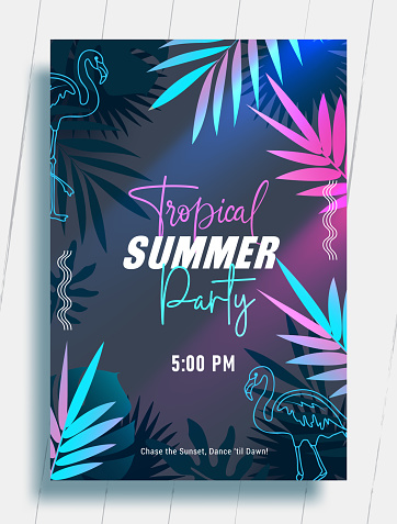 Summer party vector poster template. Summer tropical party invitation card with flamingo and palm leaf elements for holiday season beach night out celebration flyers. Vector illustration summer party postcard.