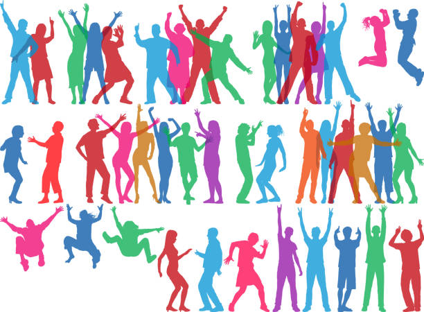 gruppen von glücklichen menschen (alle menschen sind vollständig und beweglich) - cheering group of people silhouette fan stock-grafiken, -clipart, -cartoons und -symbole