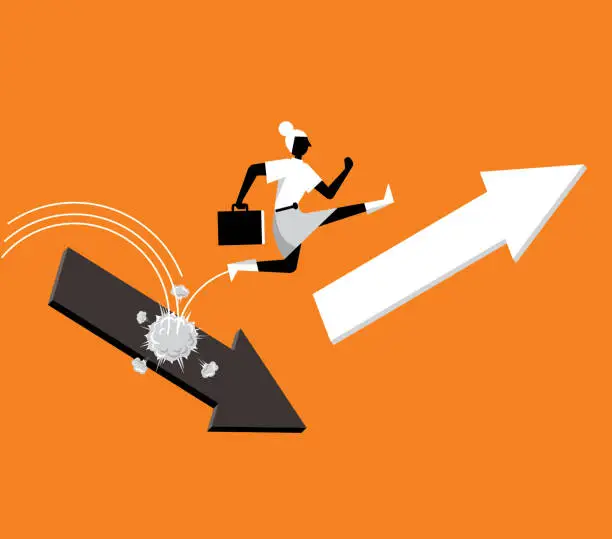 Vector illustration of Businesswoman jumping from falling arrow to rising arrow