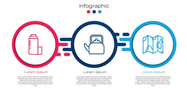 Vector illustration of Set line Thermos container, Kettle with handle and Location of the forest map. Business infographic template. Vector