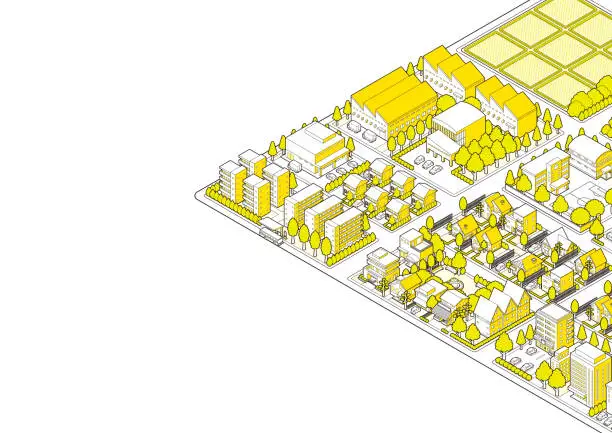 Vector illustration of Three-dimensional view of the townscape. Cityscape.