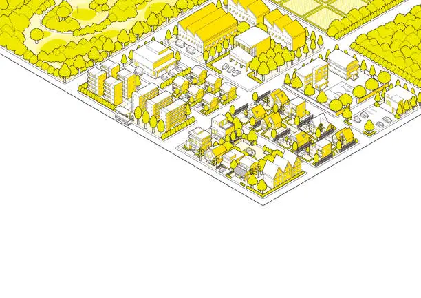 Vector illustration of Three-dimensional view of the townscape. Cityscape.