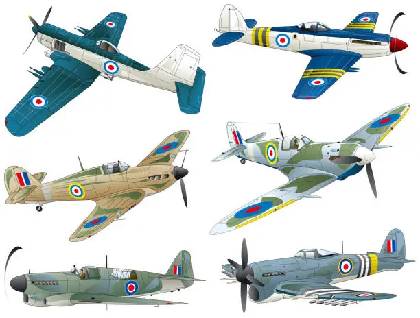 Vector illustration of Image illustration vector collection of 6 old propeller fighter planes from around World War II