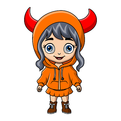 Vector illustration of Cute little girl cartoon wearing red devil costume
