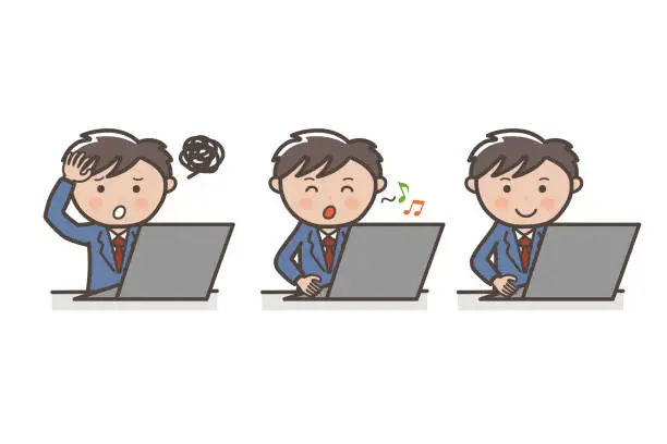 Vector illustration of Young male businessman set working on a computer