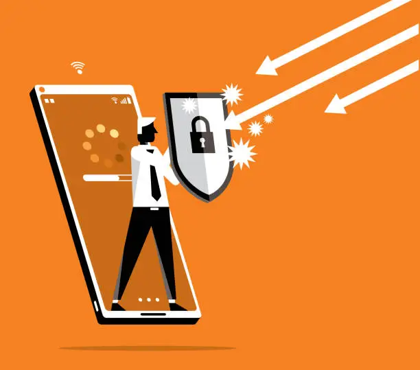 Vector illustration of Businessman out from a smart phone with a shield