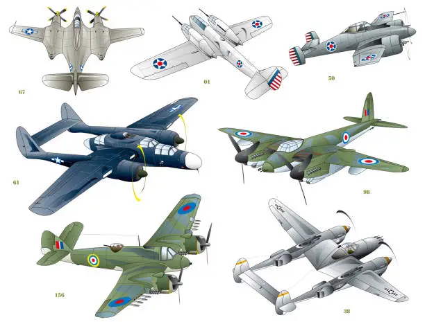 Vector illustration of Image illustration vector collection of 7 old twin propeller engine fighter planes from around World War II