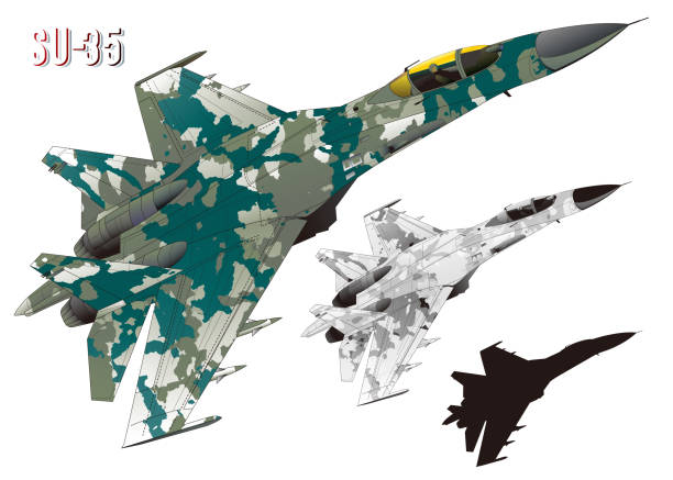 istock Image illustration of a modern jet fighter in  camouflage coloring (with monochrome silhouette and grayscale color version) 2006598037