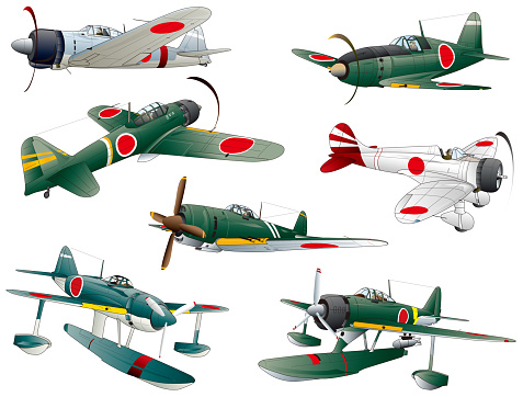 Image illustration vector collection of 7 old propeller fighter plane and flying boat from around World War II