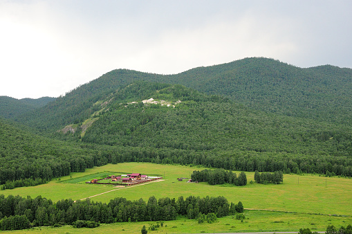 A large fenced farm on a hillside overgrown with coniferous forest on a warm summer day. Khakassia, Siberia, Russia.