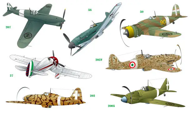 Vector illustration of Image illustration vector collection of 7 old propeller fighter planes around European World War II