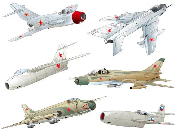 Vector illustration of Image illustrations of 6 selected jet fighters from the early days to the third generation.