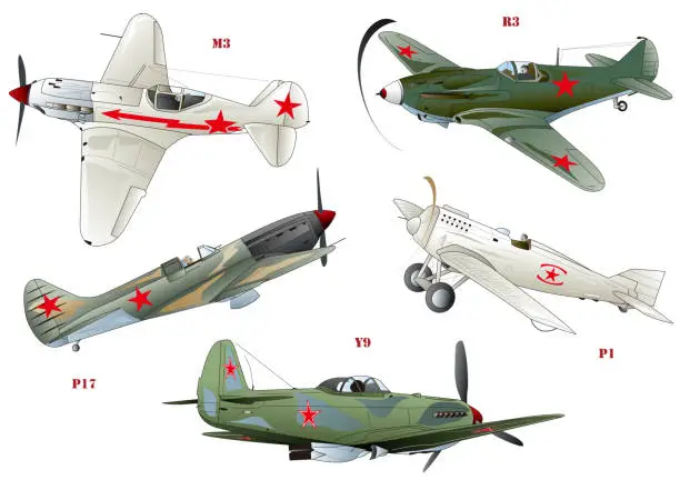 Vector illustration of Image illustration vector collection of 7 old propeller fighter planes around World War II eastern front.