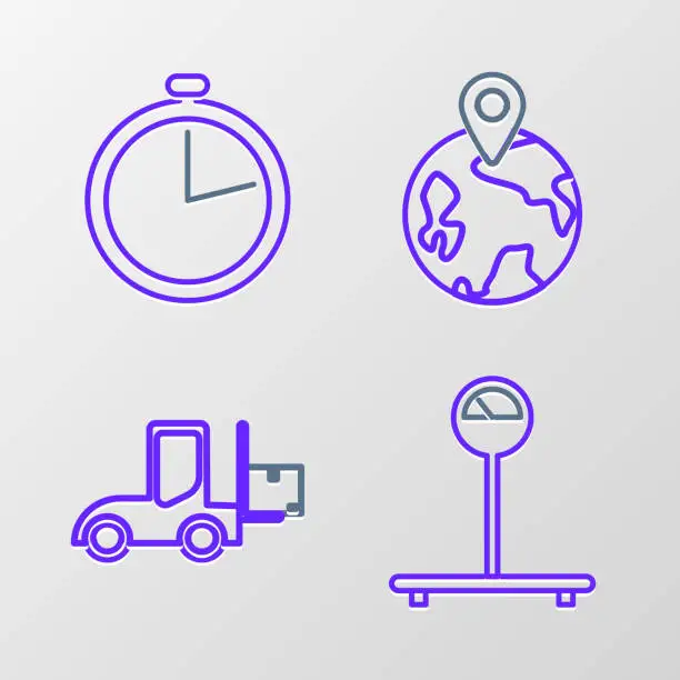 Vector illustration of Set line Scale, Forklift truck, Worldwide and Stopwatch icon. Vector