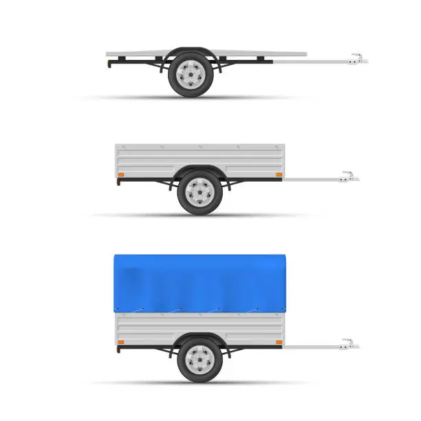 Vector illustration of Car trailer open awning single axle for goods cargo transportation side view set realistic vector