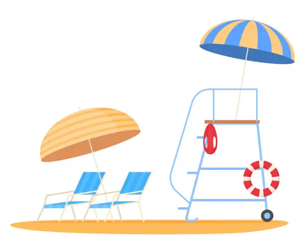 Vector illustration of Beach lifeguard chair with umbrella chaise longue and lifebuoy isometric vector illustration