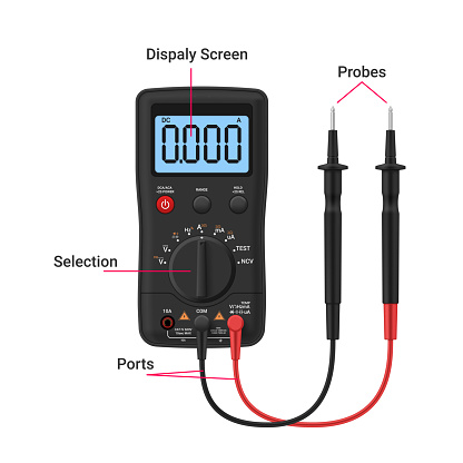 Multimeter digital device infographic scheme with screen probes selection and ports realistic vector illustration. Electronic instrument for resistance volt measurement electrician power diagnostic