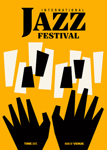 Jazz music festival poster template design background with piano keyboard modern vintage retro style.  Design element can be used for backdrop, banner, brochure, leaflet, flyer, print, vector illustration