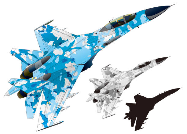 istock Image illustration of a modern su-27-30 jet fighter in blue camouflage coloring (With black silhouette and grayscale color version) 2006682813