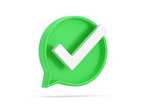 Green yes check mark icon symbol or tick ok correct button and illustration choice sign isolated on white checkmark background with approved speech bubble checklist flat design concept. 3D rendering - stock photo