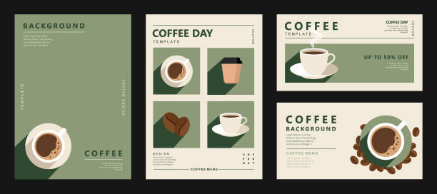 stockillustraties, clipart, cartoons en iconen met set of sketch posters with coffee beans and mug on minimalist background for banner, cover, menu or another template design. vector illustration. - coffee