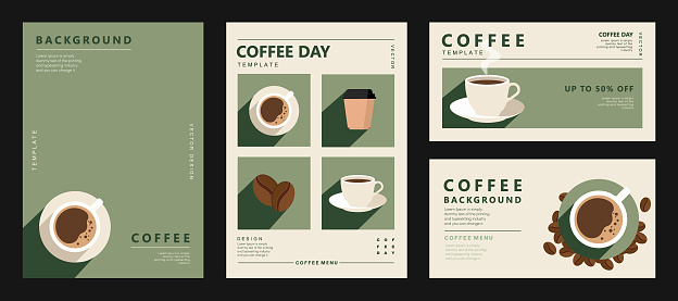 Set of sketch posters with coffee beans and mug on minimalist background for banner, cover, menu or another template design. vector illustration.