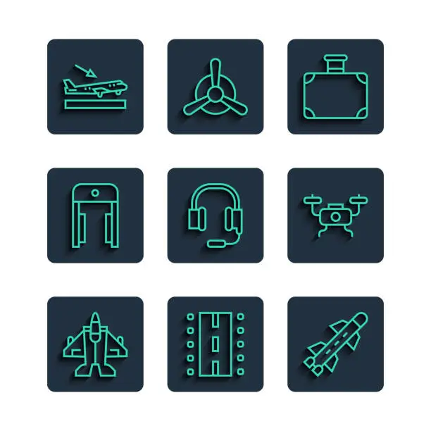 Vector illustration of Set line Jet fighter, Airport runway, Rocket, Suitcase, Headphones with microphone, Metal detector in airport, Plane landing and Drone flying icon. Vector