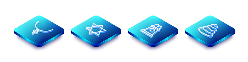 Set Isometric line Christian cross on chain, Star of David, Stage stand or tribune and Stack hot stones icon. Vector.