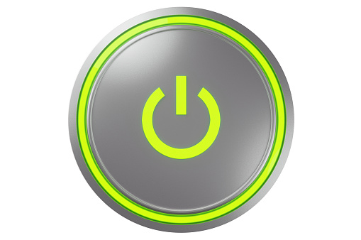 Metal round shaped button with bright neon green sign of switching on and off on transparent background .