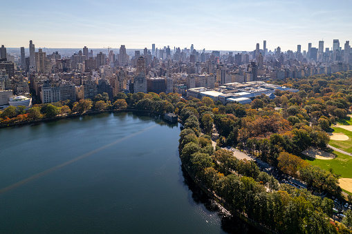 Aerial view of Central Park in autumn foliage, October 2023, New York City