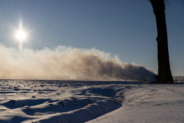 A large amount of smoke from burning straw in a field in winter, smoke from a fire in a snowy winter field