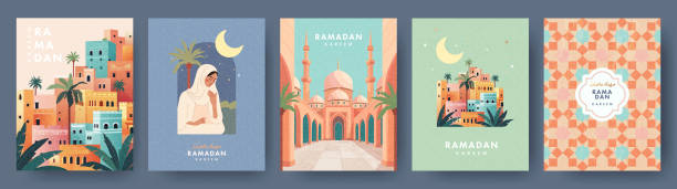 рамадан карим набор плакатов, открыток, праздничных обложек. арабский текст означает рамадан карим. современный дизайн в пастельных тонах � - mosque ramadan islam symbol stock illustrations