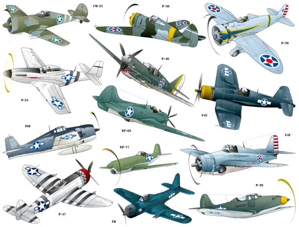 Vector illustration of Vector image illustration of 13 all american  old single propeller fighter from around World War II.