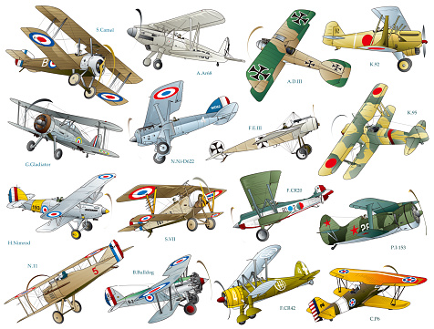 Collection of 16 spectacular biplane fighter jets from around the world (vector, color image illustration)