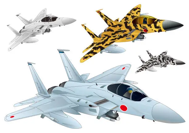 Vector illustration of Gray colored twin jet engine fighter plane f15 Strike eagle of Japan, image illustration (Set of Aggressor squadron, monochrome color set)