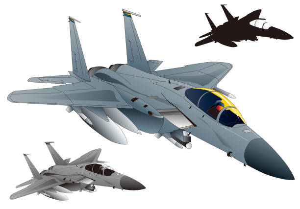 Gray colored twin jet engine fighter plane f15 Strike eagle image illustration (Set of monochrome and black silhouette versions) Gray colored twin jet engine fighter plane f15 Strike eagle image illustration (Set of monochrome and black silhouette versions) f 15 eagle stock illustrations