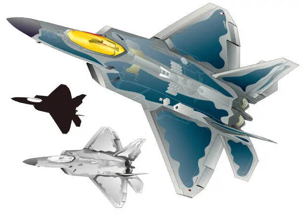 Vector illustration of Blue gray colored Twin jet engine multi role stealth fighter plane image illustration ( With monochrome and black silhouette versions)