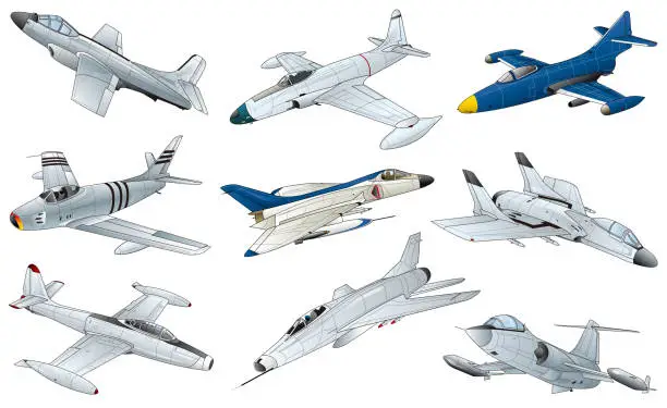 Vector illustration of 9 types of colorful early age US army and navy jet fighter vector illustration collections.