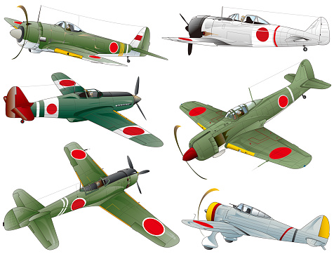 Image illustration vector collection of 6 retro propeller fighter planes from World War II