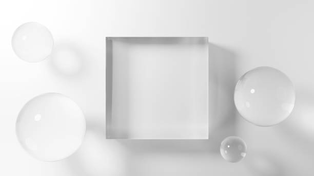 3D Illustration.Transparent cubic glass base and sphere on white background. Overhead view. (horizontal)